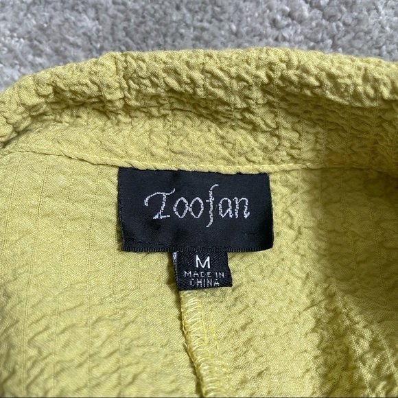 Toofan Lagenlook Pale Yellow Textured Asymmetric Hem Button Down Tunic Top EUC M - Picture 5 of 8